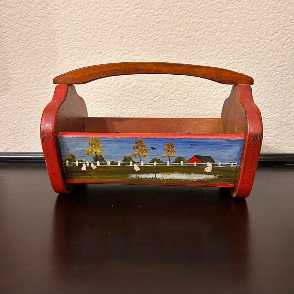 Vintage Wooden  Storage Caddy Folk Art Rustic Farmhouse Primitive handmade